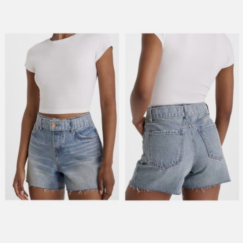 Express Belted Mid Rise Covered Button Distressed shorts